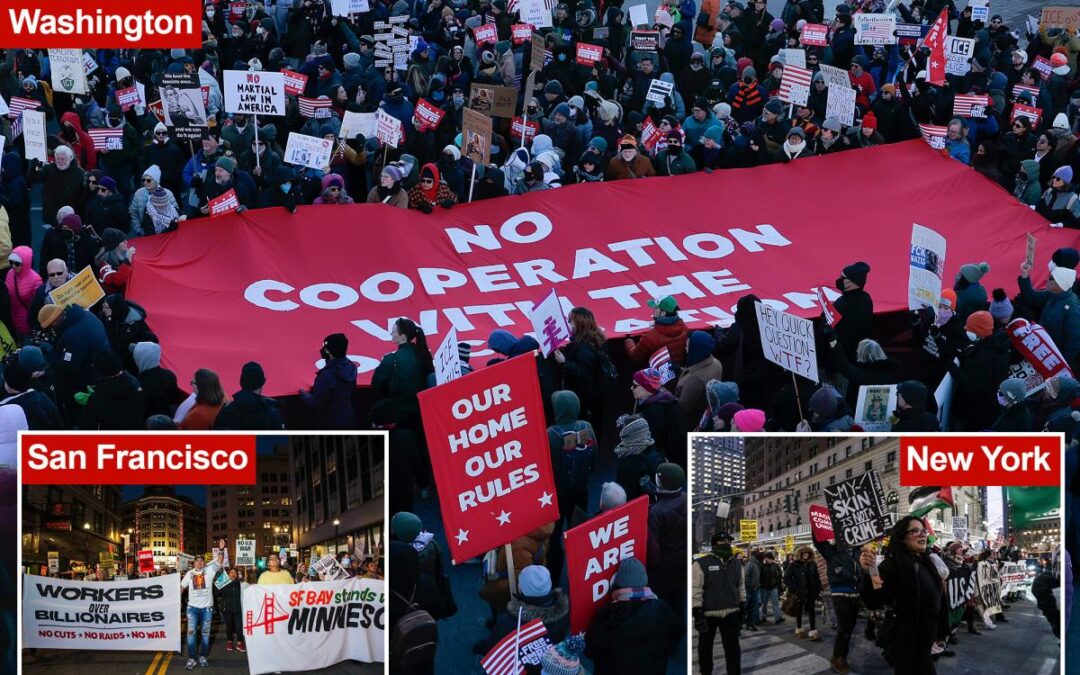 Nationwide walkout draws thousands into streets on anniversary of Trump’s inauguration