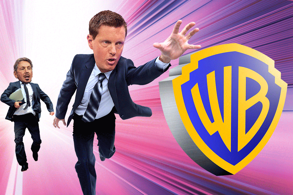 Illustration of a small man and a regular-sized man, both in suits, running towards a large Warner Bros. shield logo.