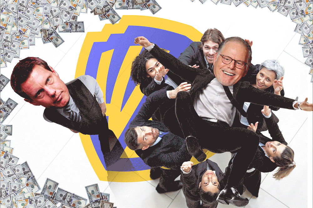 Collage of animated people in suits with oversized heads floating over a Warner Bros. Discovery logo, surrounded by falling hundred-dollar bills.