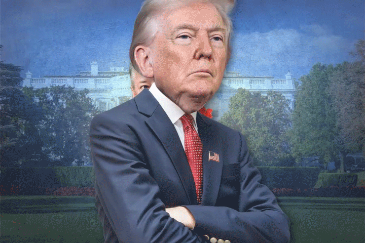 Collage of Donald Trump in a suit with the White House in the background and a subtle image of Joe Biden.