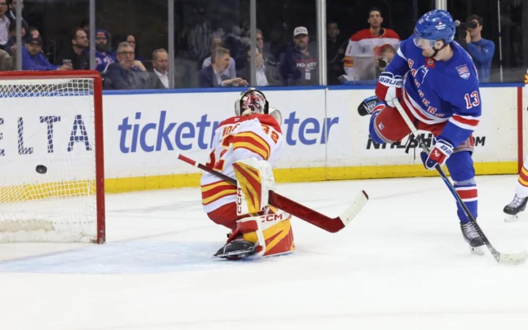 Alexis Lafreniere’s recent scoring spree continues with hat trick in Rangers’ win over Flames