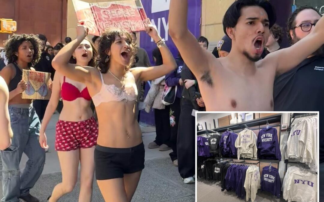 Ultra-woke NYU students strip to their skivvies to protest school merch they claim is made with sweatshop labor
