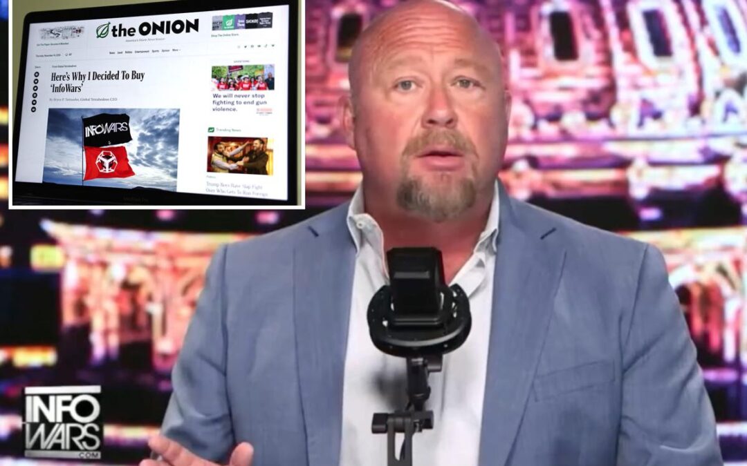 Furious Alex Jones vows to fight takeover of Infowars by The Onion — asks his audience to buy up merch