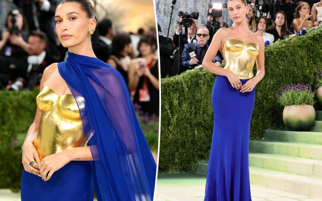 Hailey Bieber is dipped in 24-karat gold on the Met Gala 2026 red carpet