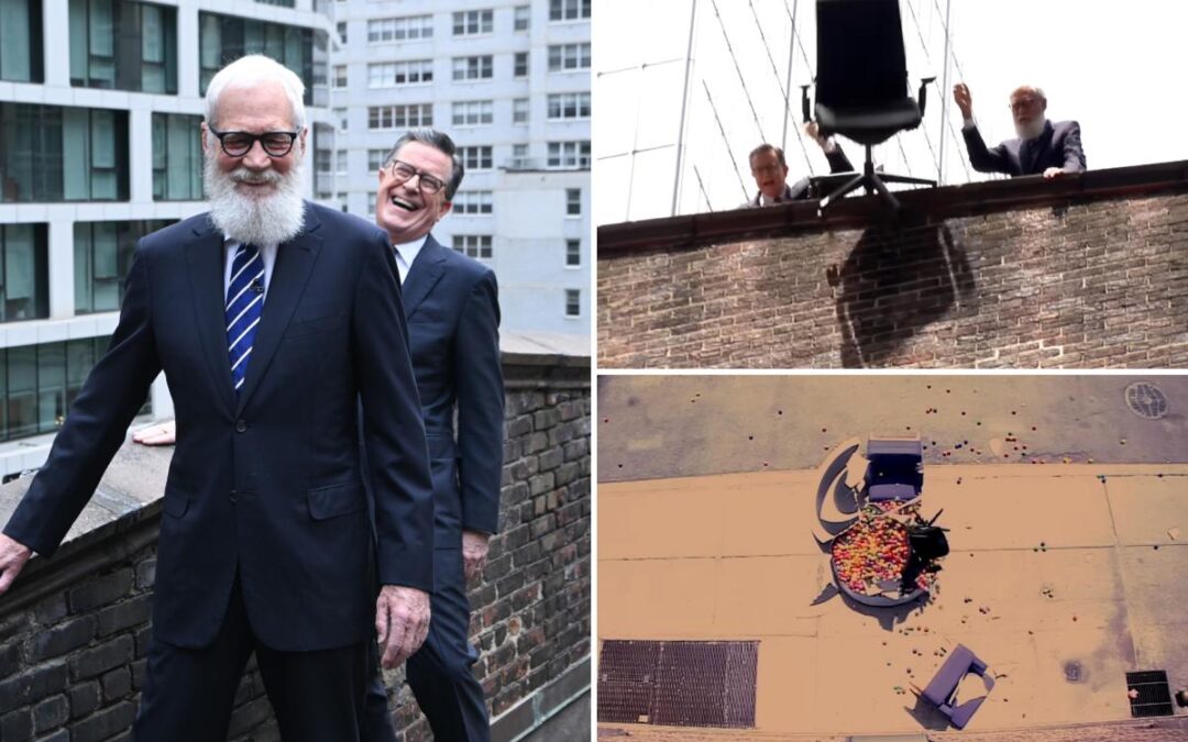 David Letterman and Stephen Colbert trash CBS furniture in rooftop revenge stunt