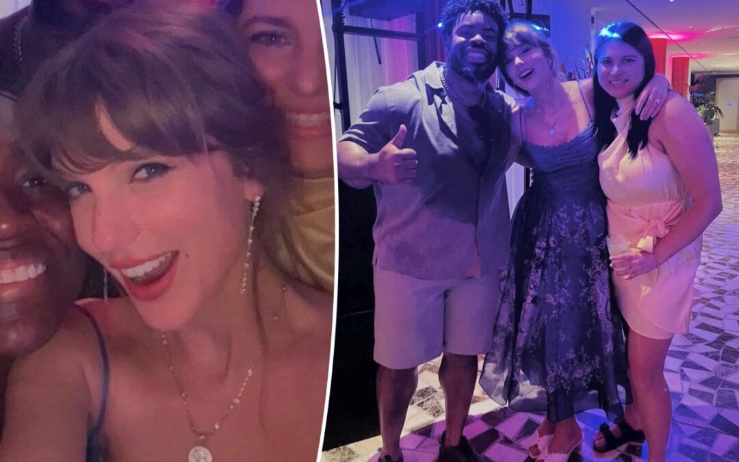 Taylor Swift rocks romantic blue midi-dress in new photos from Chiefs player George Karlaftis’ Greece wedding