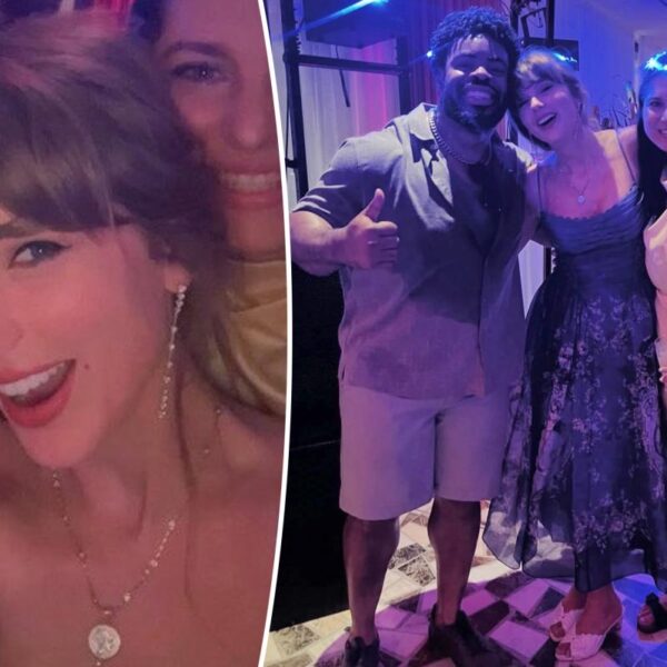 Taylor Swift rocks romantic blue midi-dress in new photos from Chiefs player George Karlaftis’ Greece wedding