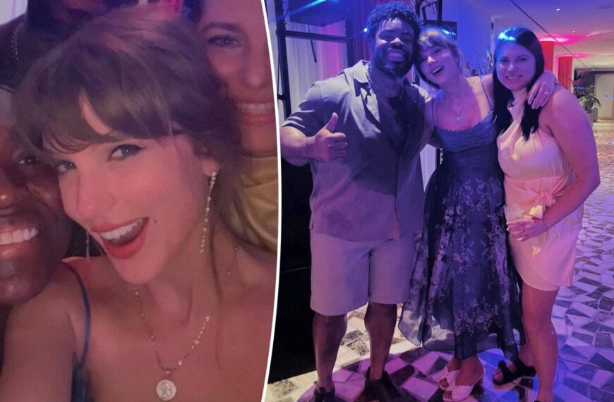 Taylor Swift rocks romantic blue midi-dress in new photos from Chiefs player George Karlaftis’ Greece wedding
