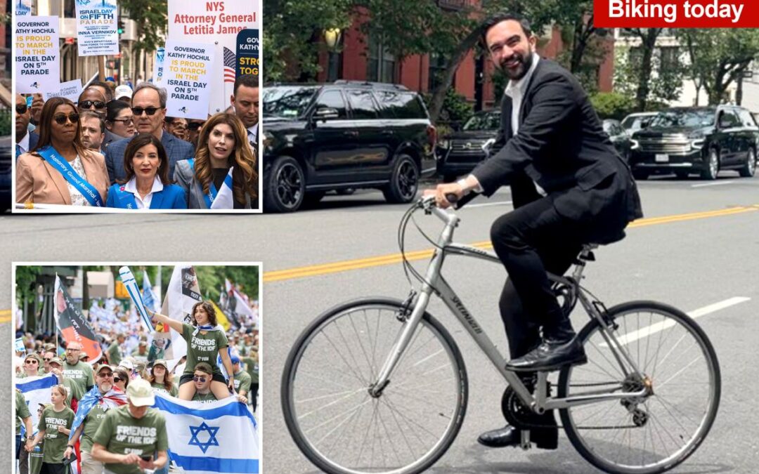 Ex-mayors join Hochul, Tisch and thousands at NYC’s Israel parade — while No-Show Zo bizarrely rides bike around town in business suit and no helmet