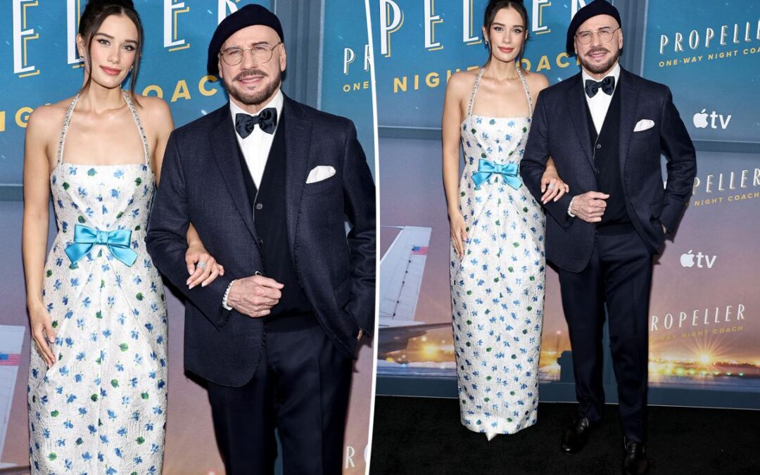 John Travolta and daughter Ella Bleu coordinate in blue at ‘Propeller One-Way Night Coach’ premiere