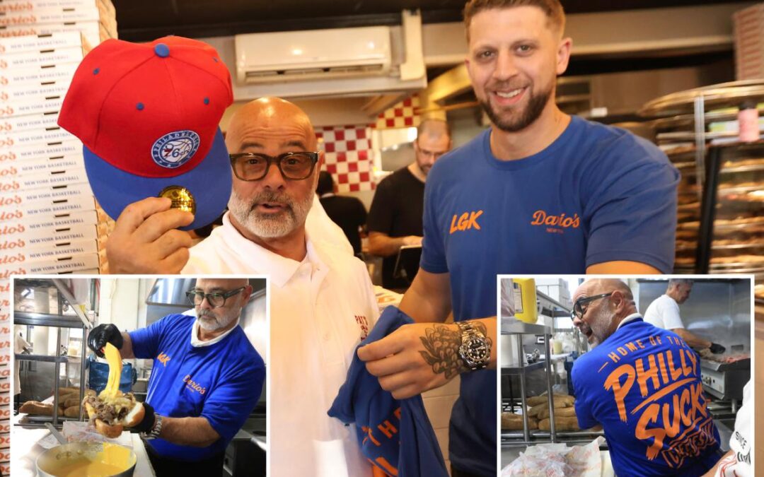 Owner of Philadelphia’s iconic Pat’s cheesesteaks forced to work in NY — wearing ‘Philly Sucks’ shirt — after losing Knicks bet