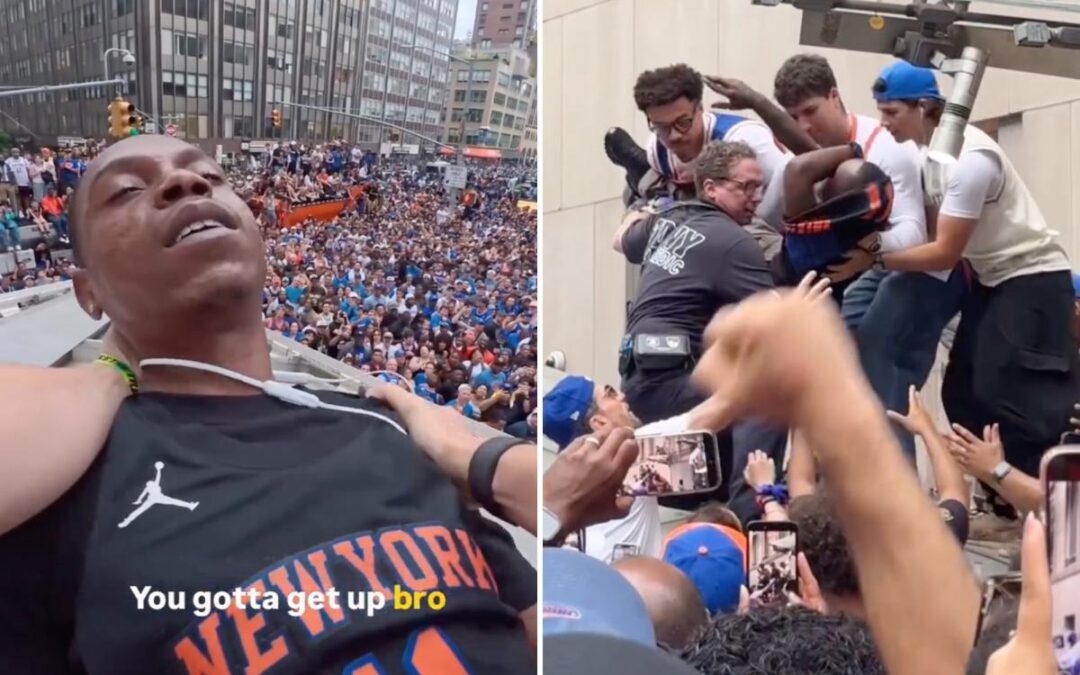 Chaotic moment Knicks fans climb structure to save reveler from apparent overdose during championship parade