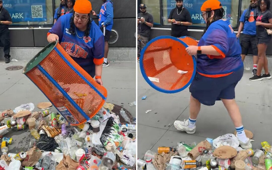 ‘Incredibly stupid’ Knicks fan dumps trash onto the street to steal blue and orange trashcan