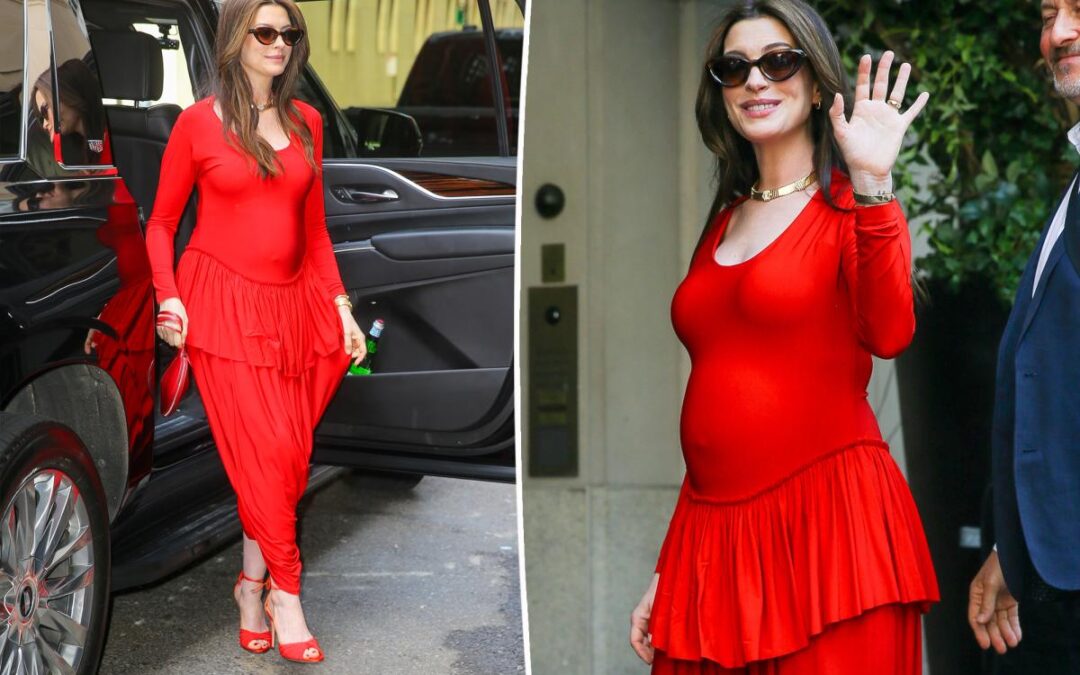 Pregnant Anne Hathaway paints the town red in peplum harem jumpsuit as ‘Odyssey’ press tour kicks off