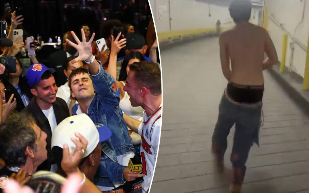 Timothee Chalamet rips off shirt, grabs microphone as Knicks celebration gets crazy
