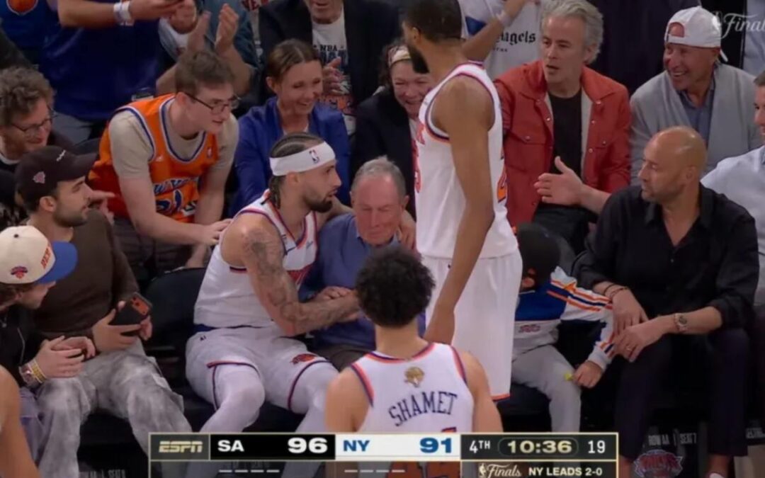 Knicks guard Jose Alvarado plows into former NYC Mayor Bloomberg during Game 3 of Finals