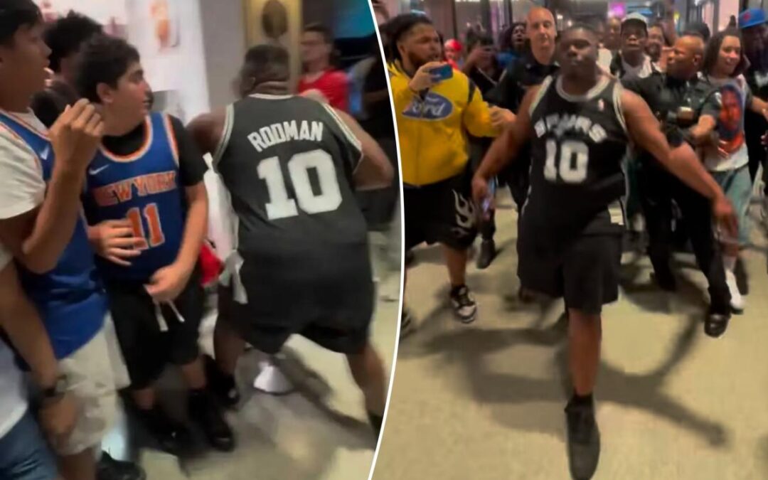 Spurs fan in Dennis Rodman jersey tries fighting every Knicks supporter at Penn Station