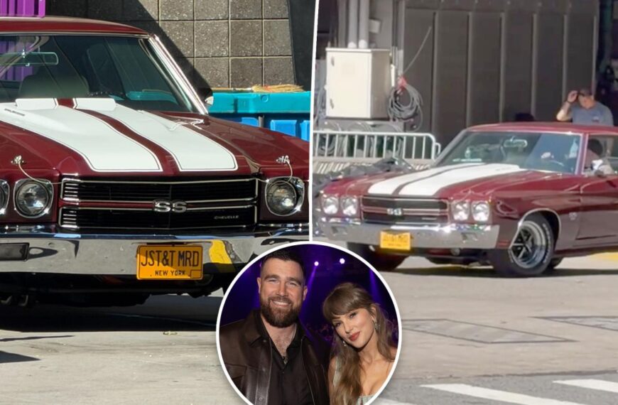 Taylor Swift, Travis Kelce customize ‘70s muscle car with special license plate at MSG wedding as nod to first public date
