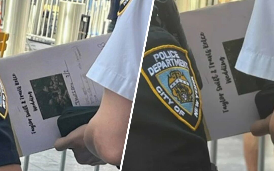 Photo shows NYPD cop with ‘Taylor Swift/Travis Kelce wedding' folder outside MSG