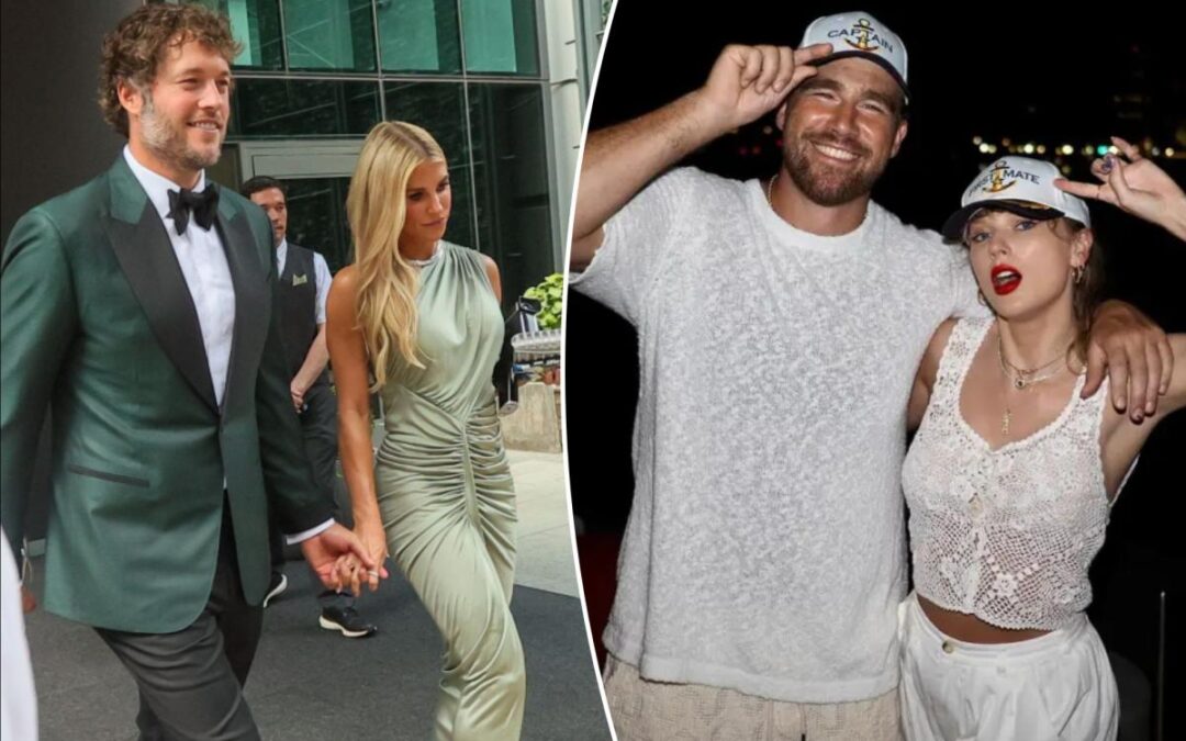 Matt Stafford’s wife Kelly rocks stunning green dress for Travis Kelce-Taylor Swift wedding